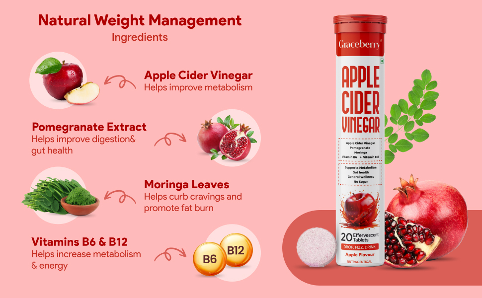 Graceberry Apple Cider Vinegar Effervescent Tablet with Mother- 20 Tablets | 500mg ACV For Metabolism, Weight Management | Pomegranate & Moringa, Vit B6 & B12 | No Added Sugar | Pack of 1