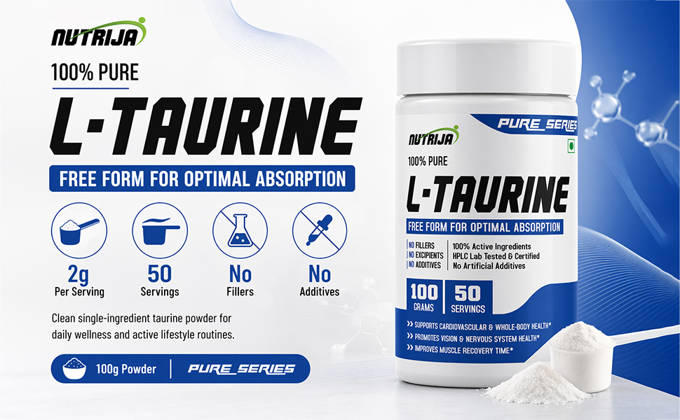 NutriJa Taurine Powder - 100% Pure Free Form Taurine - No Additives, No Fillers - Supports Heart, Nerve & Muscle Recovery 100 Grams Pack