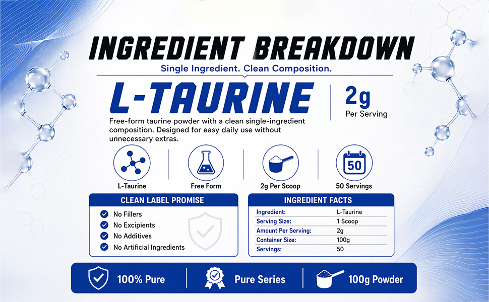 NutriJa Taurine Powder - 100% Pure Free Form Taurine - No Additives, No Fillers - Supports Heart, Nerve & Muscle Recovery 100 Grams Pack