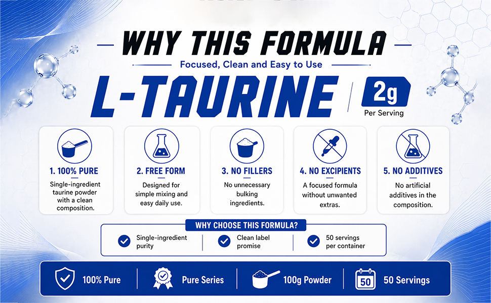 NutriJa Taurine Powder - 100% Pure Free Form Taurine - No Additives, No Fillers - Supports Heart, Nerve & Muscle Recovery 100 Grams Pack