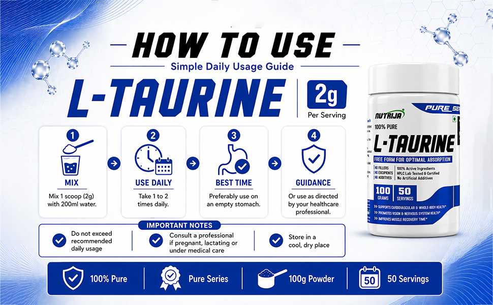 NutriJa Taurine Powder - 100% Pure Free Form Taurine - No Additives, No Fillers - Supports Heart, Nerve & Muscle Recovery 100 Grams Pack