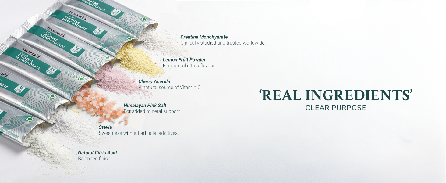 TrueBasics Clean Creatine Monohydrate Powder, Citrus Flavor, 30 Sachets
