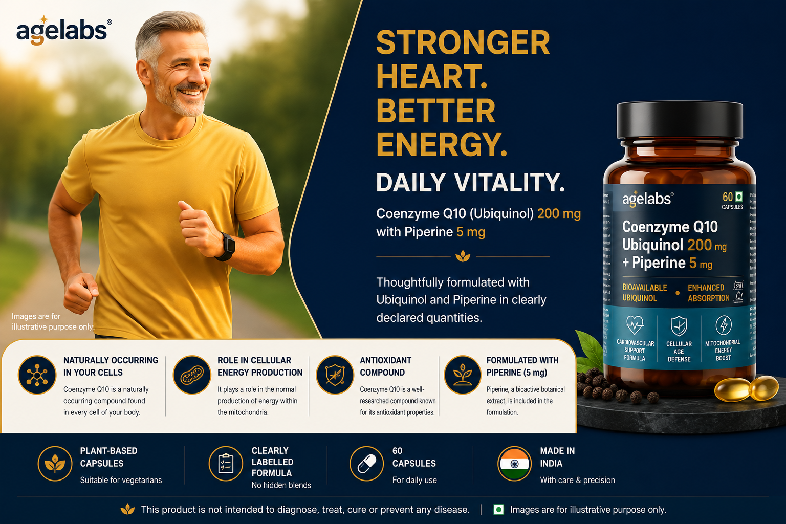 Coenzyme Q10 Ubiquinol 200mg with Piperine | Supports Cellular Energy Production & Cardiovascular Wellness | 60 Vegetarian Capsules