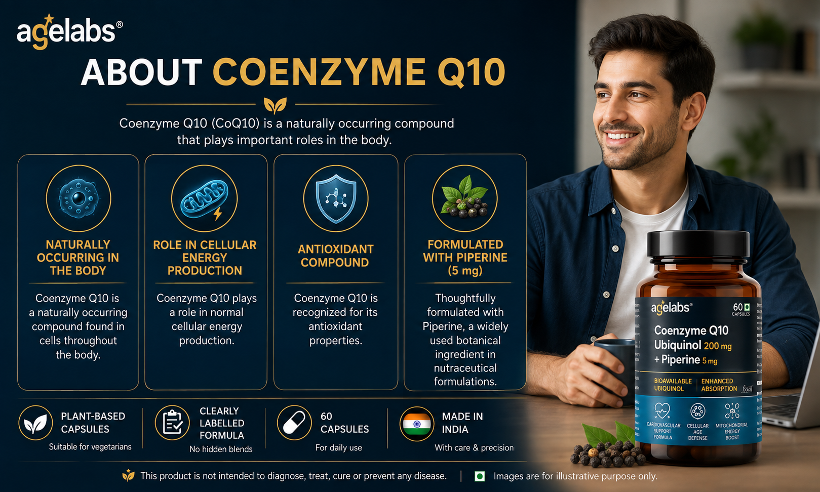 Coenzyme Q10 Ubiquinol 200mg with Piperine | Supports Cellular Energy Production & Cardiovascular Wellness | 60 Vegetarian Capsules
