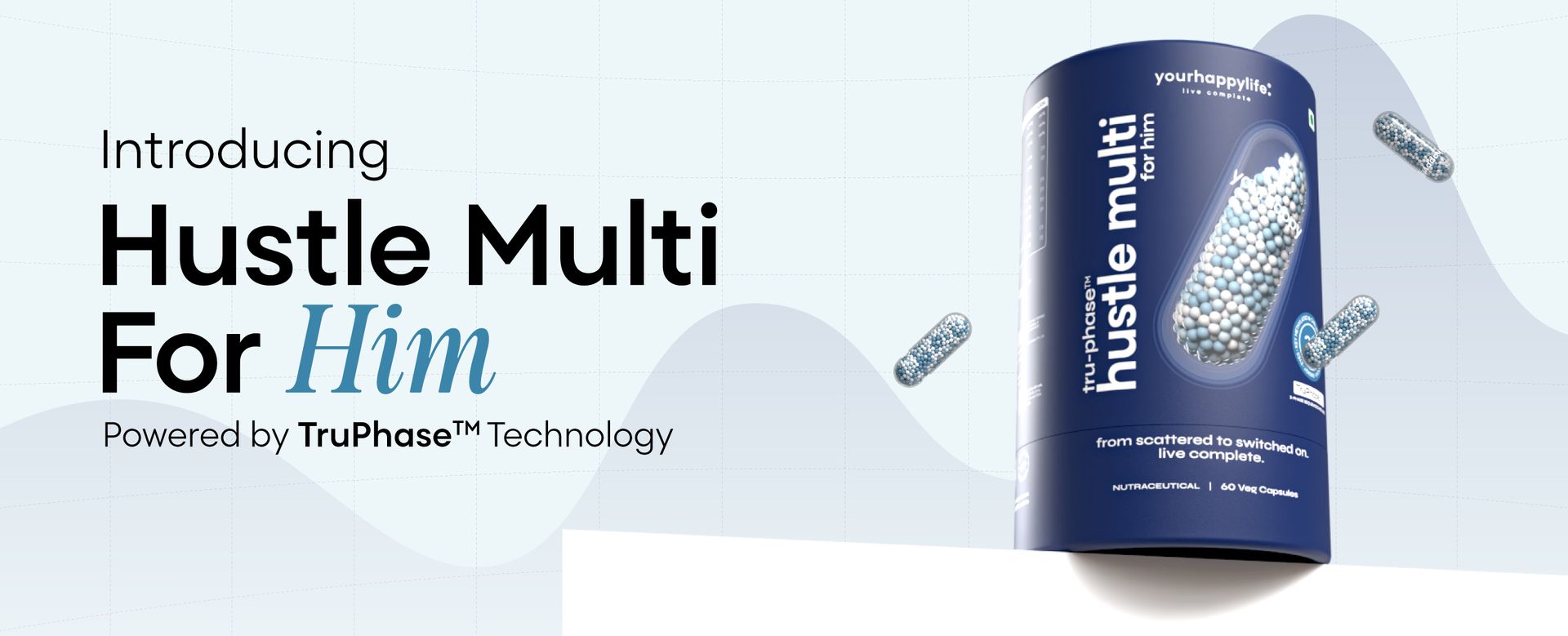 YourHappyLife Hustle Multivitamin for Men -60 Capsules | 29 Nutrients TruPhase™ 3-Phase Release | Active B12 & Folate, Zinc Bisglycinate, CoQ10, Lion's Mane, Bacopa, Lutein | Boost Energy, Focus, Vision