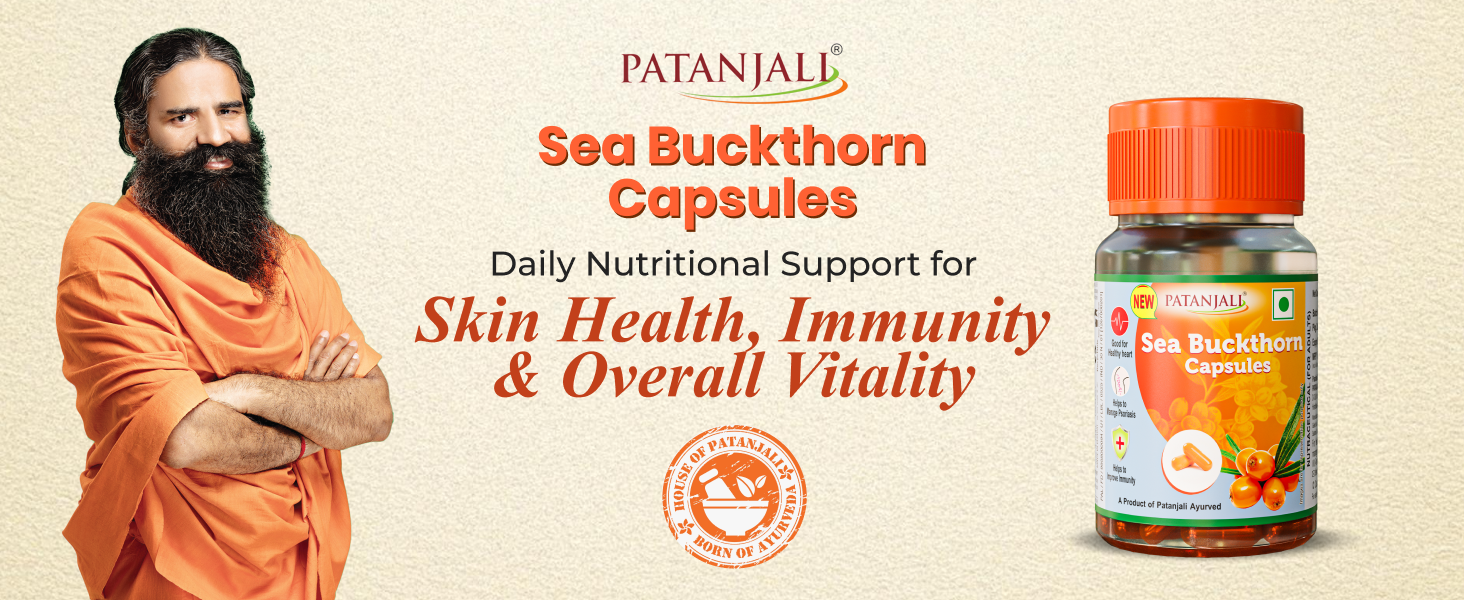 Patanjali Sea Buckthorn Capsules | Natural Supplement for Heart Health, Immunity & Skin Care | Source of Omega 3 6 7 & 9 | Pack of 1