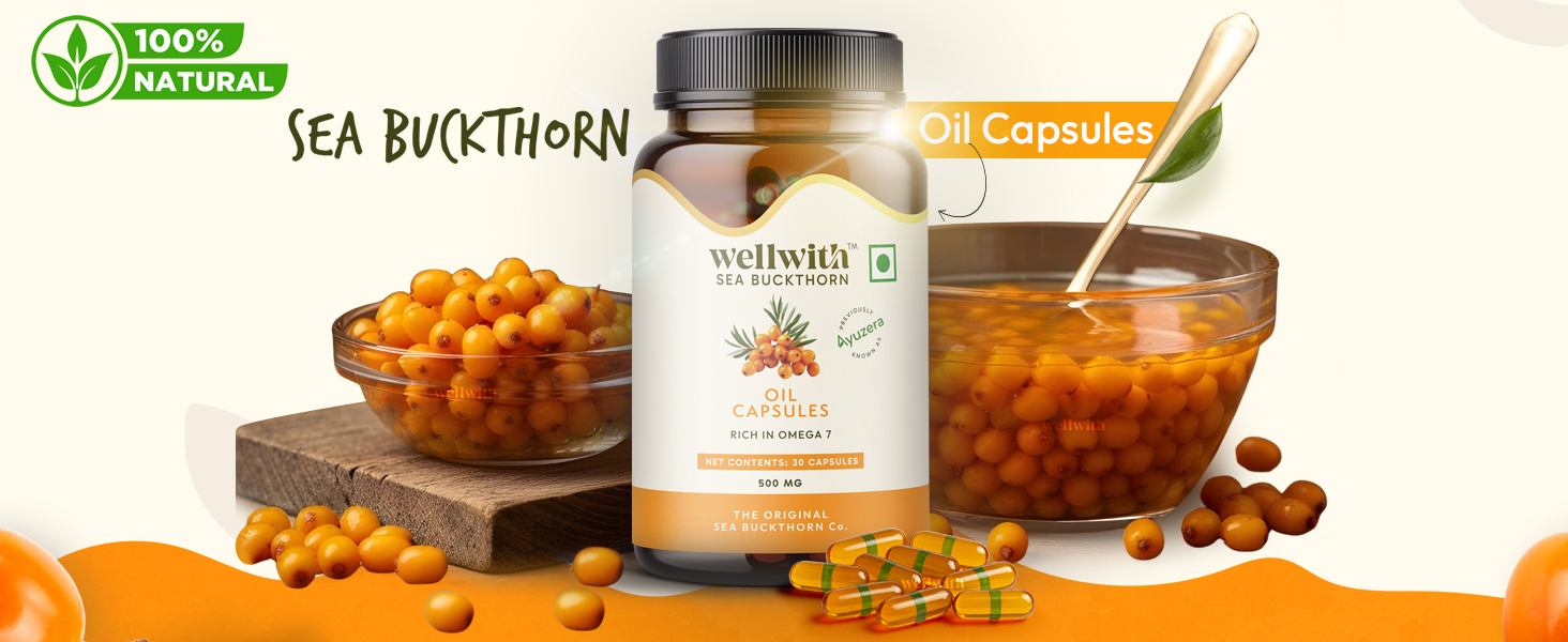 Wellwith (Ayuzera) Sea Buckthorn Berry Oil Vegan Omega 7 500mg, 30 Veg HPMC Capsules (Pack of 1), 15-Day Supply| Sea buckthorn capsules rich In Omega 3, 6, 7 & 9 For Muscle, Bone, Heart & Skin