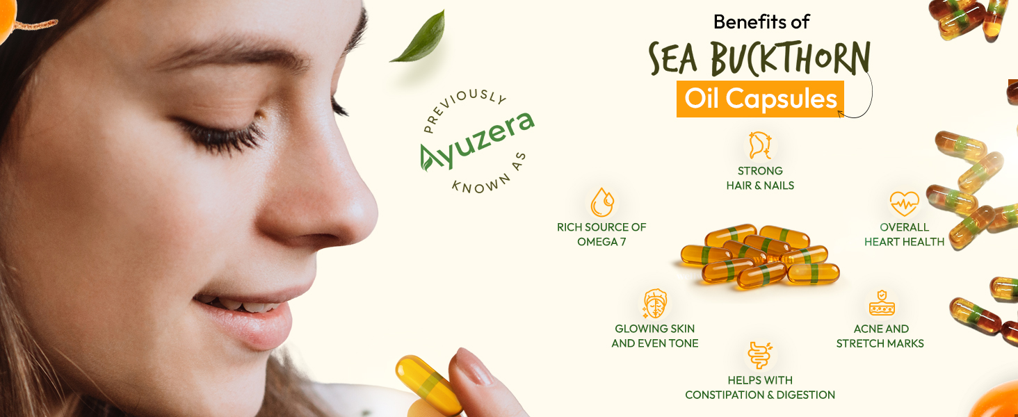 Wellwith (Ayuzera) Sea Buckthorn Berry Oil Vegan Omega 7 500mg, 30 Veg HPMC Capsules (Pack of 1), 15-Day Supply| Sea buckthorn capsules rich In Omega 3, 6, 7 & 9 For Muscle, Bone, Heart & Skin