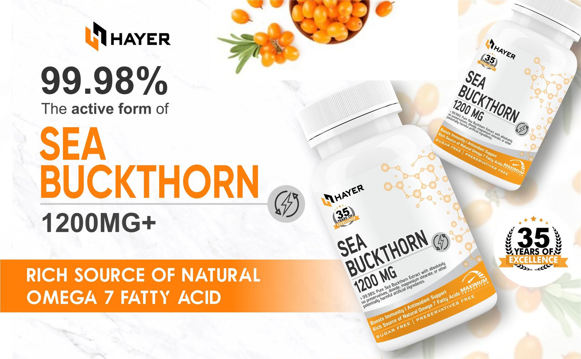 Hayer Sea Buckthorn Seabuckthorn, Help boost Omega 3,6,7,9 Levels 99% High Strength Sea Buckthorn Supplement 60 Tablets