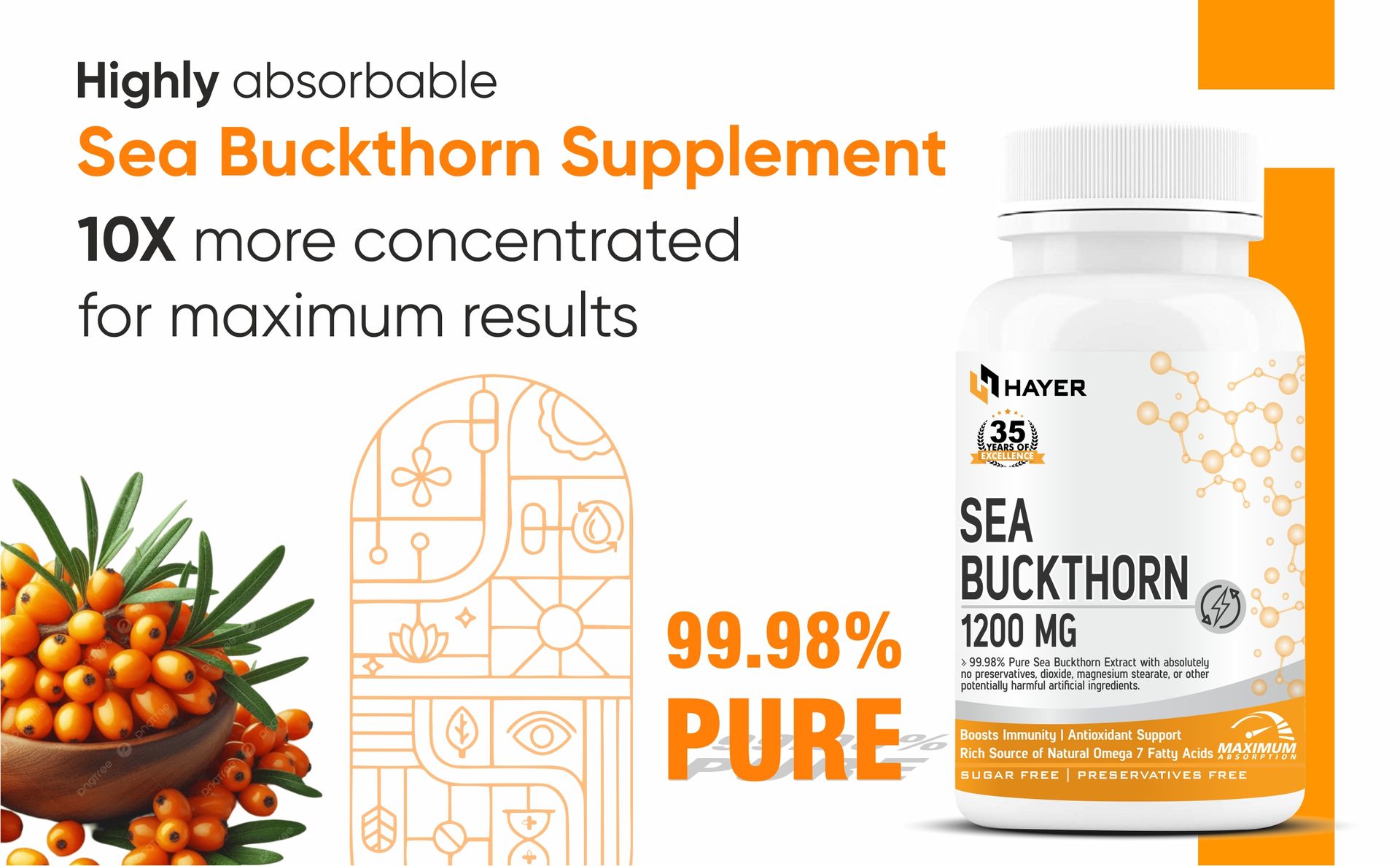 Hayer Sea Buckthorn Seabuckthorn, Help boost Omega 3,6,7,9 Levels 99% High Strength Sea Buckthorn Supplement 60 Tablets