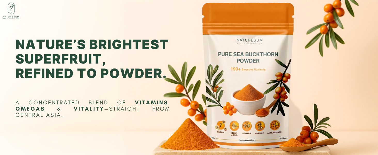 Naturesum Central Asian Sea Buckthorn Berry Powder 100% Organic (100g) Rich in Omega 3, 6, 7, 9, Vitamin C, E & 18 Amino Acid, Strong Antioxidant for Skin Glow, Immunity, Gut & Heart Health