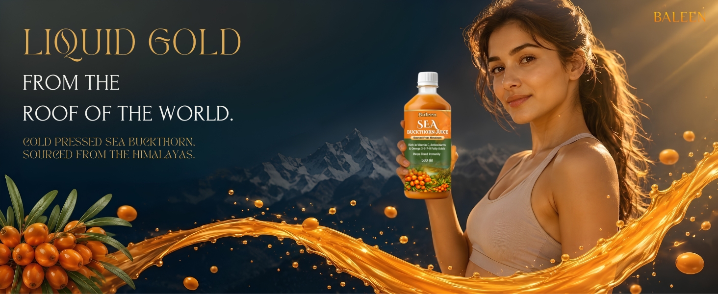 Baleen Sea Buckthorn Juice 500ml (Pack of1) | Himalayan Sea Buckthorn Berry Juice With Omega 3 6 9 & 7 Fatty Acids | Pure Seabuckthorn Pulp Juice with Vitamin C Antioxidants