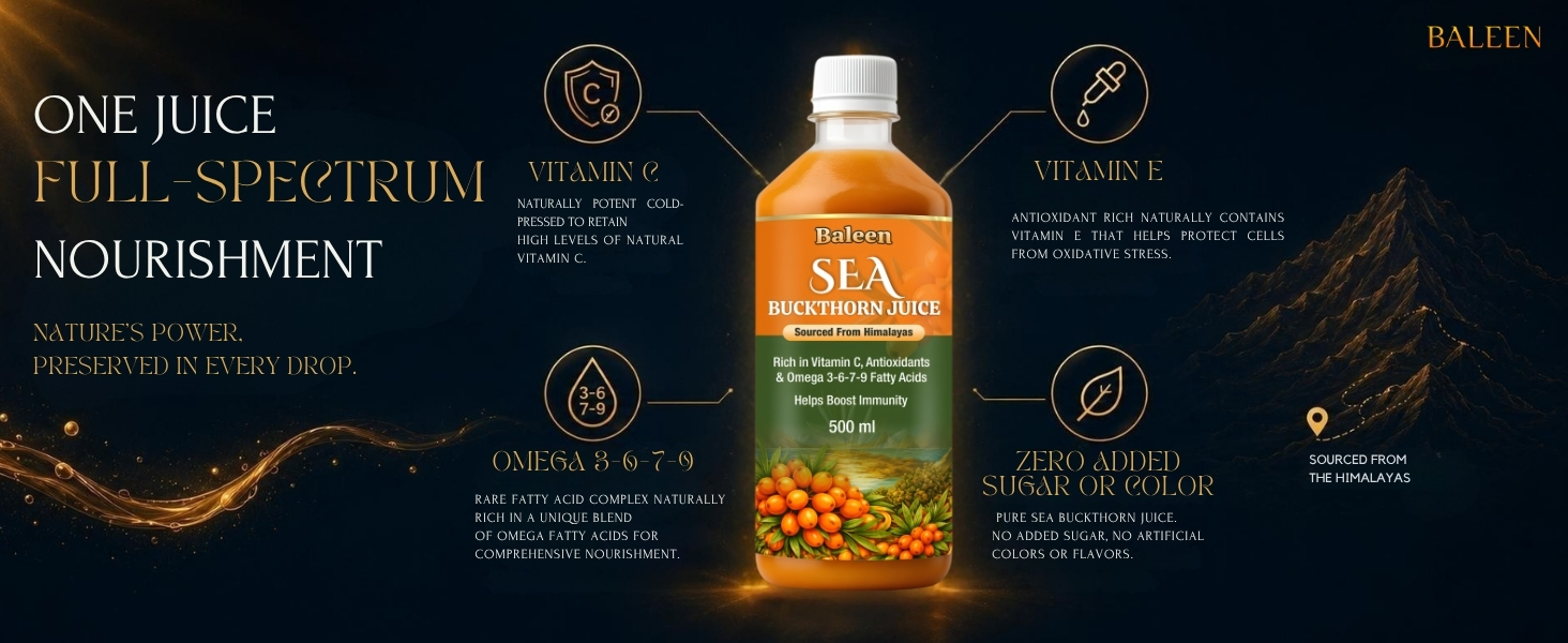 Baleen Sea Buckthorn Juice 500ml (Pack of1) | Himalayan Sea Buckthorn Berry Juice With Omega 3 6 9 & 7 Fatty Acids | Pure Seabuckthorn Pulp Juice with Vitamin C Antioxidants