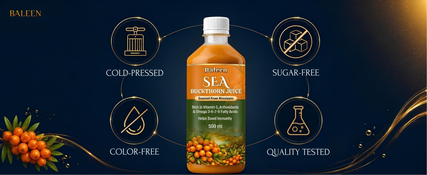 Baleen Sea Buckthorn Juice 500ml (Pack of1) | Himalayan Sea Buckthorn Berry Juice With Omega 3 6 9 & 7 Fatty Acids | Pure Seabuckthorn Pulp Juice with Vitamin C Antioxidants