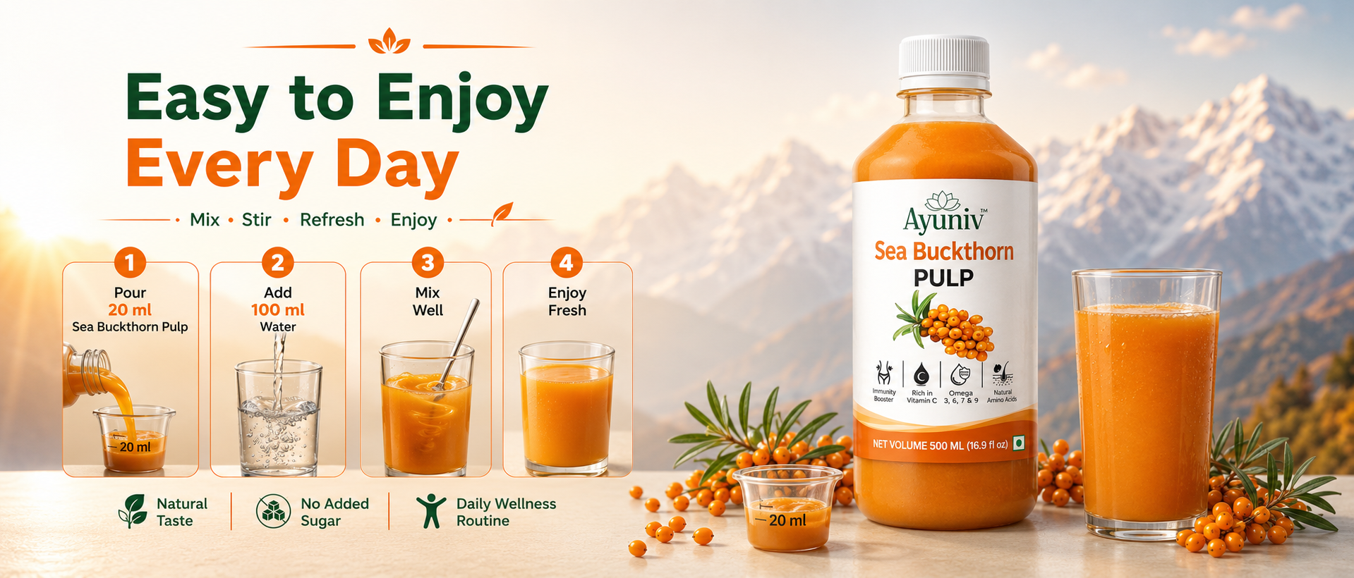Ayuniv Himalayan Sea Buckthorn Juice 1000ml | Omega 3 6 7 9 | Vitamin C Rich | Natural Antioxidant Drink | Supports Immunity, Gut Health, Skin & Hair | No Added Sugar (500ml * 2)
