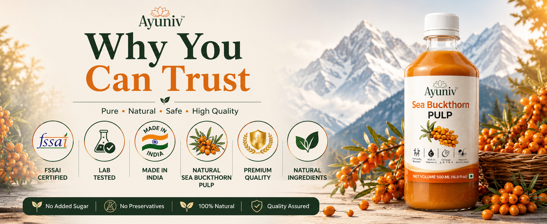 Ayuniv Himalayan Sea Buckthorn Juice 1000ml | Omega 3 6 7 9 | Vitamin C Rich | Natural Antioxidant Drink | Supports Immunity, Gut Health, Skin & Hair | No Added Sugar (500ml * 2)