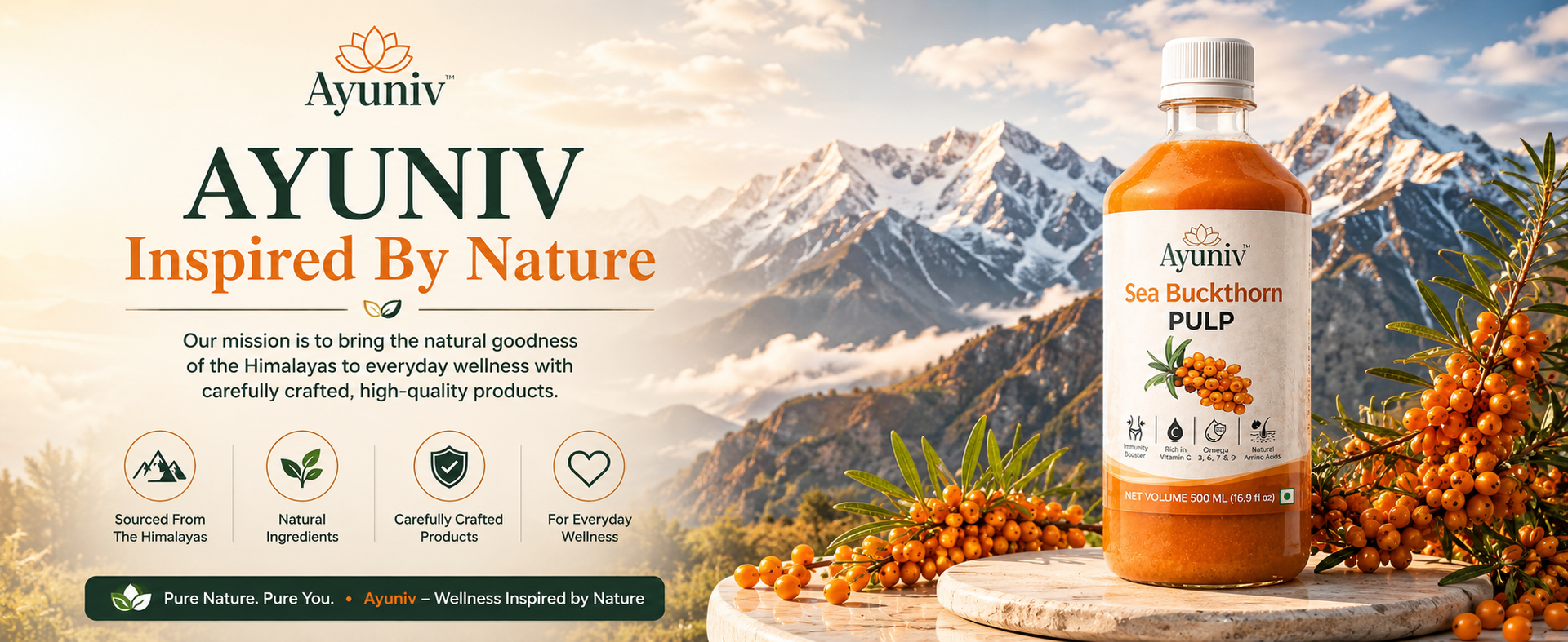 Ayuniv Himalayan Sea Buckthorn Juice 1000ml | Omega 3 6 7 9 | Vitamin C Rich | Natural Antioxidant Drink | Supports Immunity, Gut Health, Skin & Hair | No Added Sugar (500ml * 2)