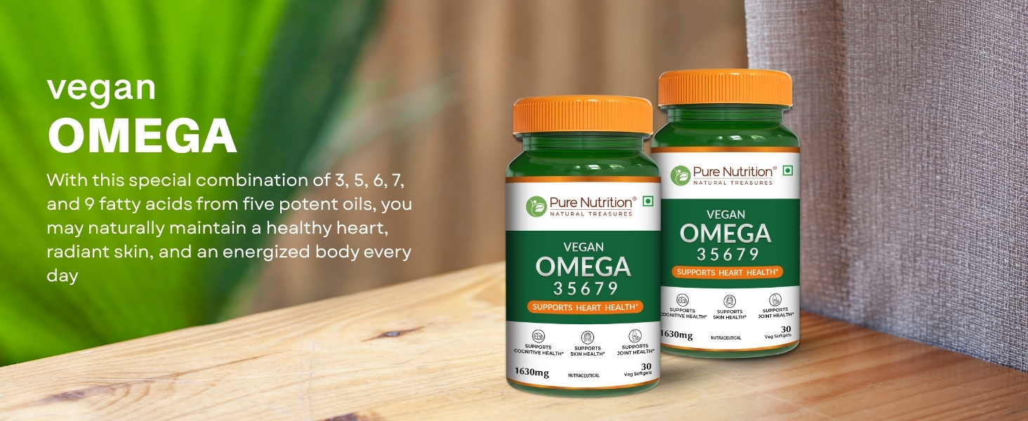 Pure Nutrition Omega 3 Vegetarian Capsules with 3 5 6 7 9 | Plant Based Vegan Omega 3 Supplement with Blend of Seabuckthorn, Flaxseed, Pomegranate, Borage & Olive Oils | Supports Heart, Skin & Joint Health - 60 Softgels