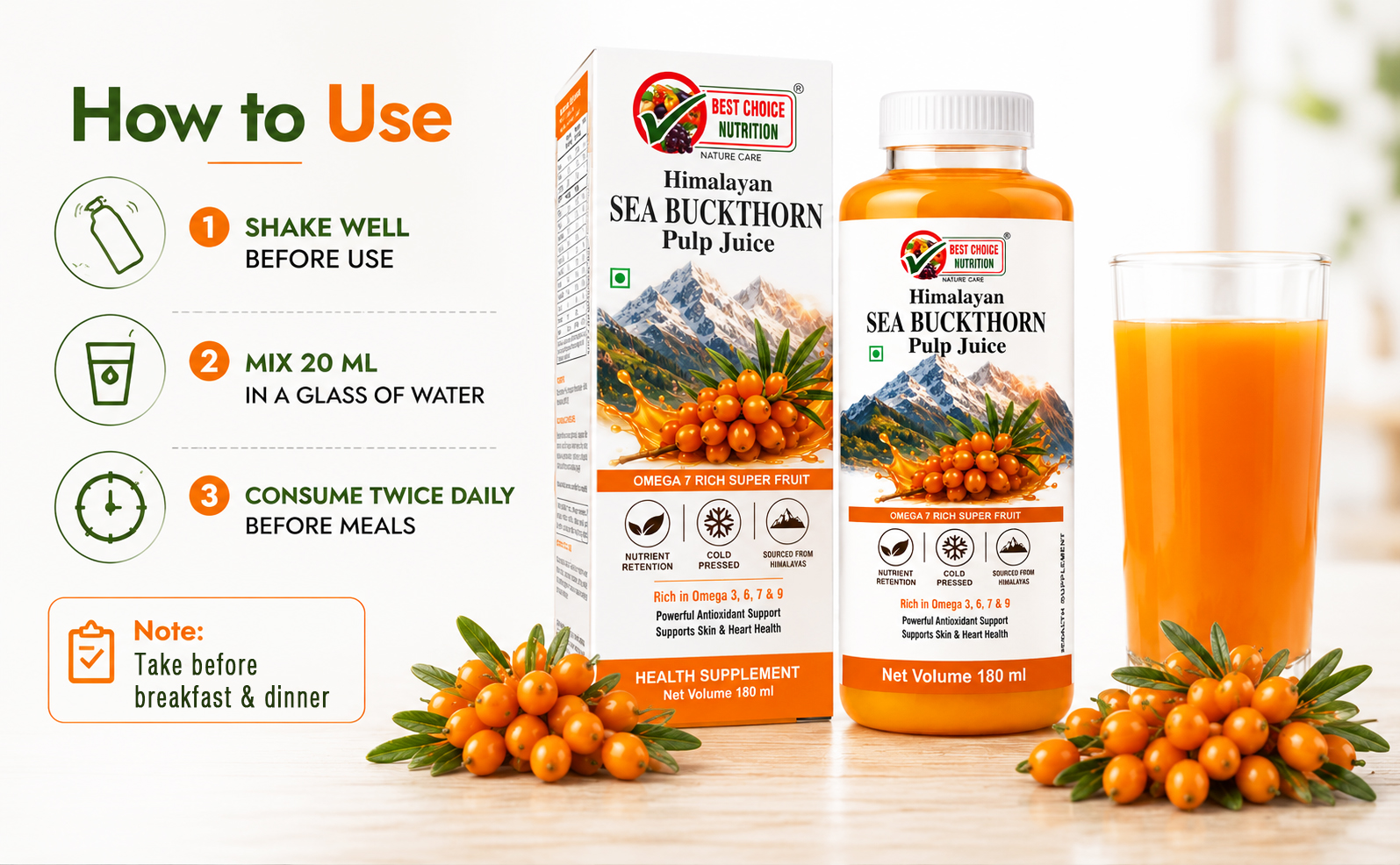 Himalayan Sea Buckthorn Juice | Natural Source of Vitamin C, Omega 3 6 7 9 & Antioxidants | Supports Immunity, Skin & Digestive Wellness 180ml