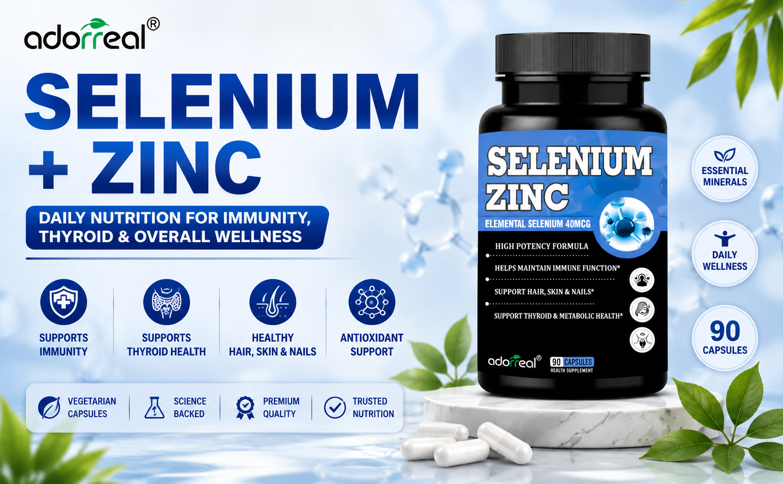 Selenium + Zinc Capsules | Elemental Selenium 40mcg + Elemental Zinc 13.2mg | Supports Immunity, Hair, Skin & Nails | Vegetarian Health Supplement | 90 Veg Capsules*