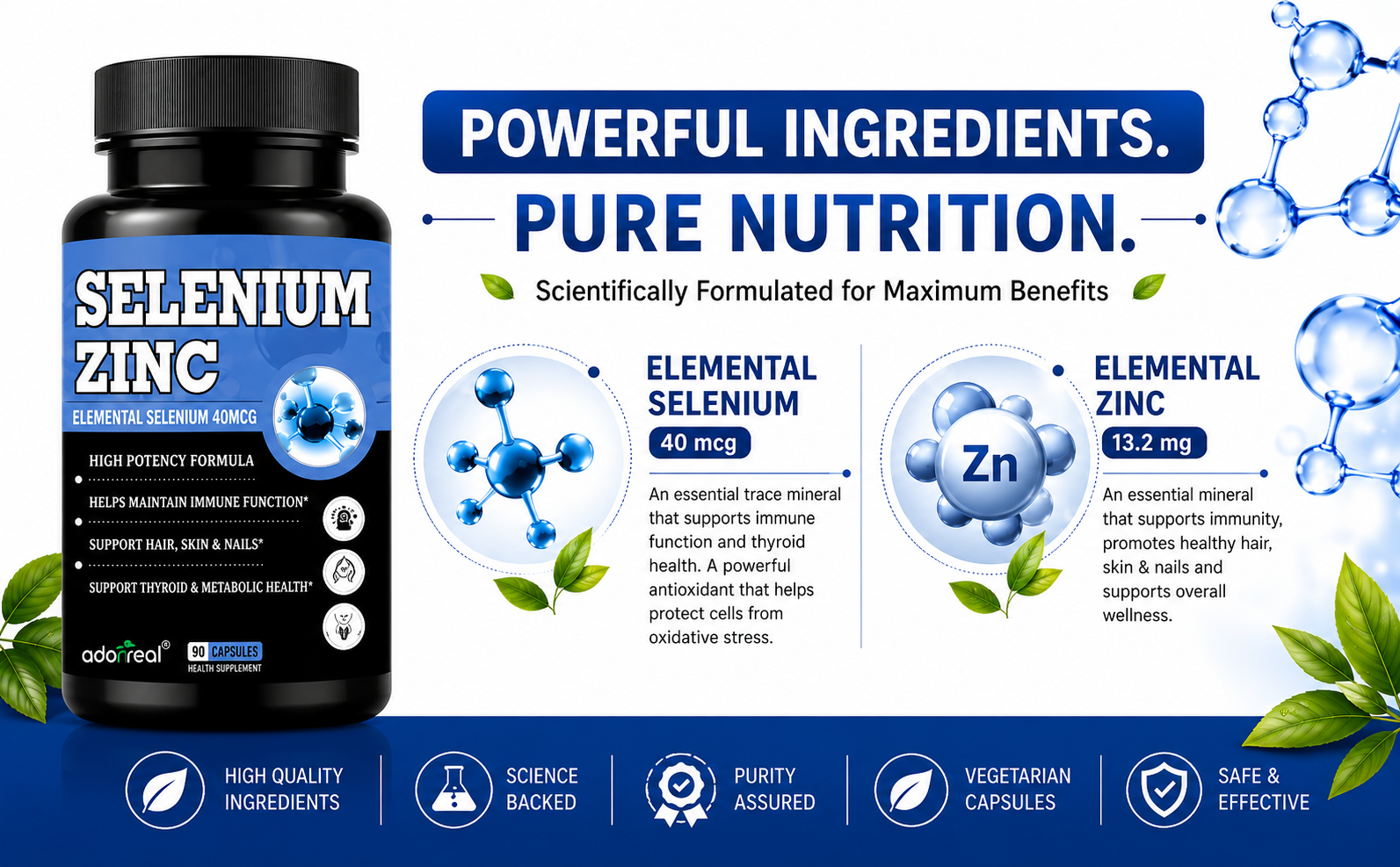 Selenium + Zinc Capsules | Elemental Selenium 40mcg + Elemental Zinc 13.2mg | Supports Immunity, Hair, Skin & Nails | Vegetarian Health Supplement | 90 Veg Capsules*