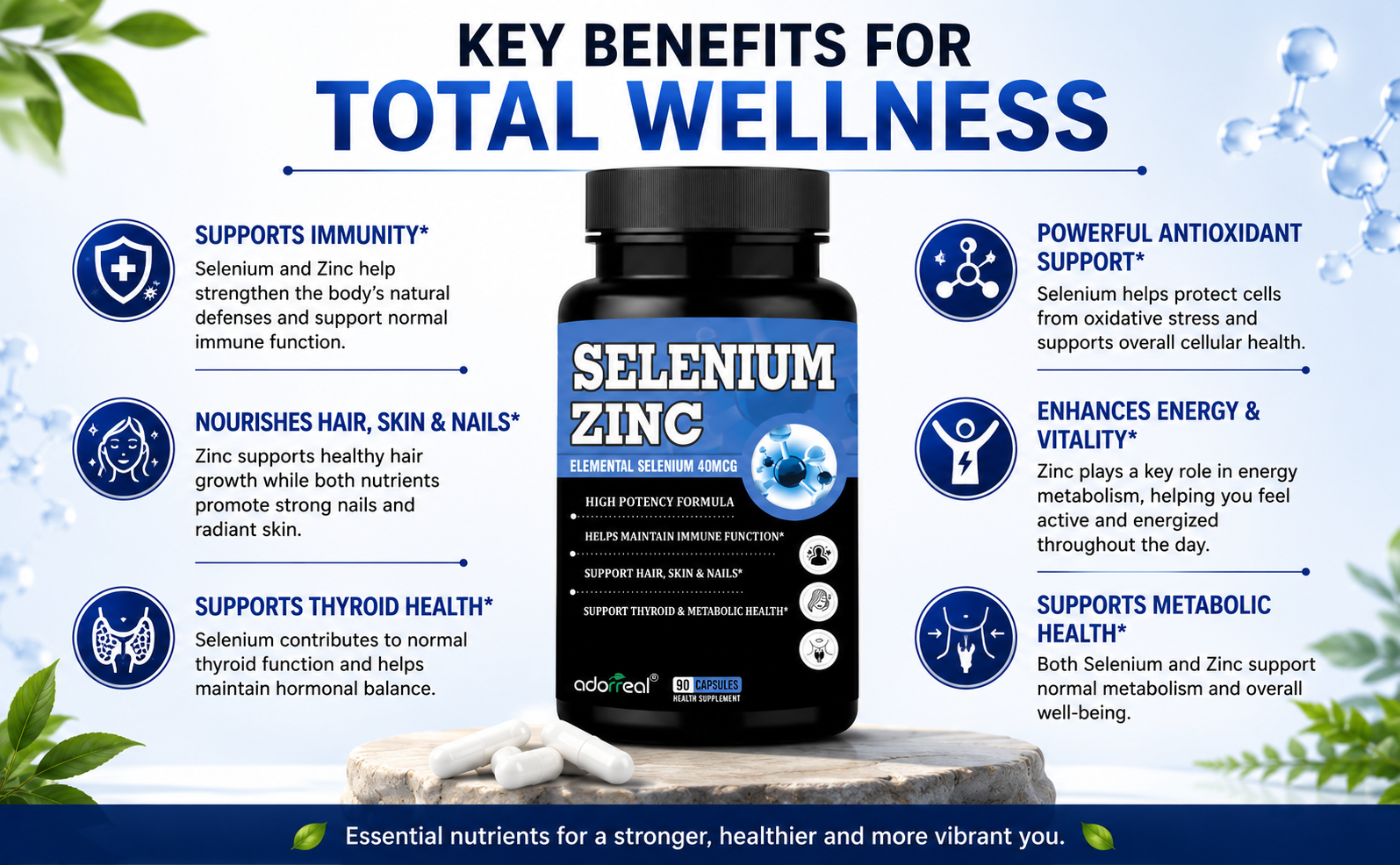 Selenium + Zinc Capsules | Elemental Selenium 40mcg + Elemental Zinc 13.2mg | Supports Immunity, Hair, Skin & Nails | Vegetarian Health Supplement | 90 Veg Capsules*