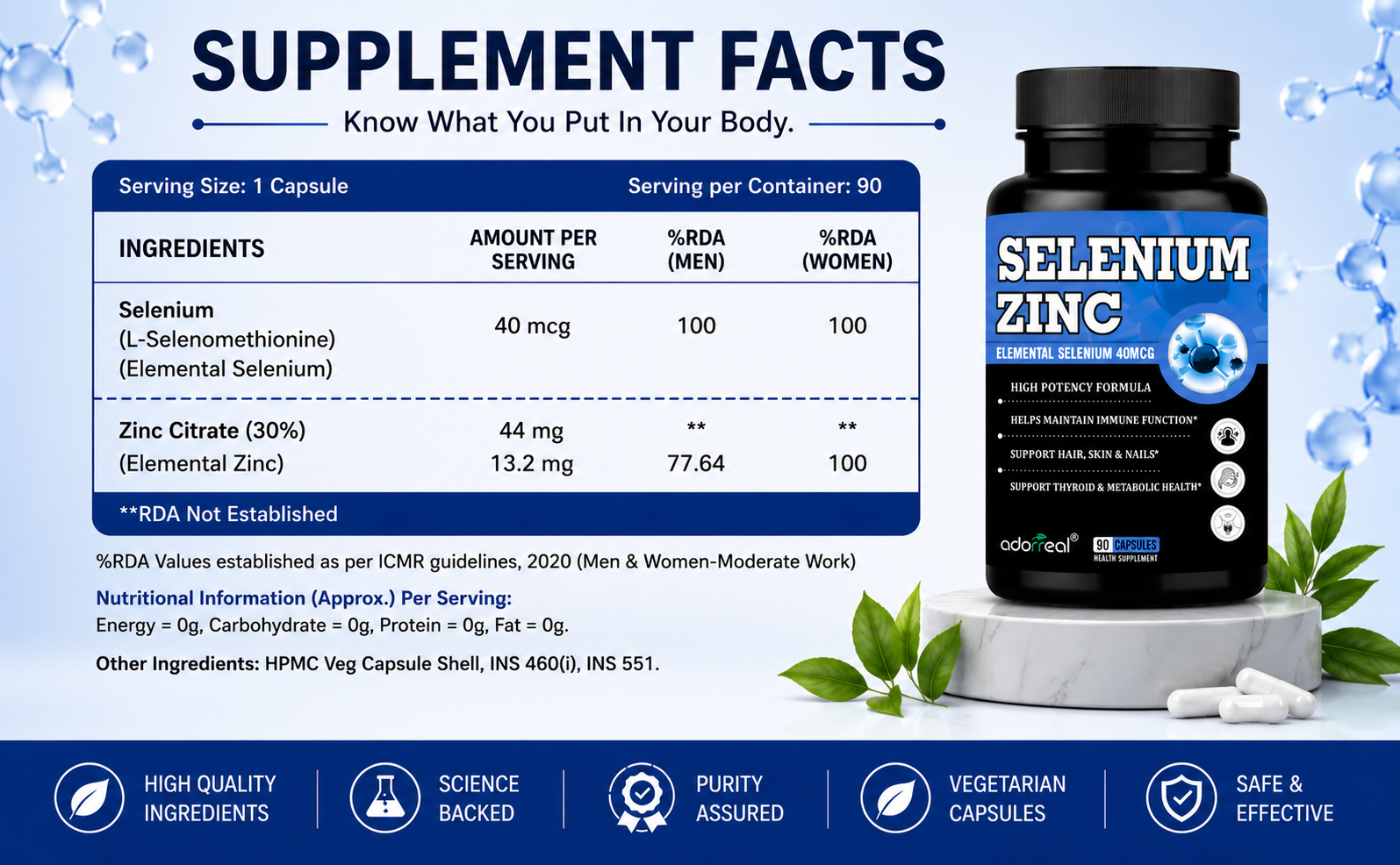 Selenium + Zinc Capsules | Elemental Selenium 40mcg + Elemental Zinc 13.2mg | Supports Immunity, Hair, Skin & Nails | Vegetarian Health Supplement | 90 Veg Capsules*
