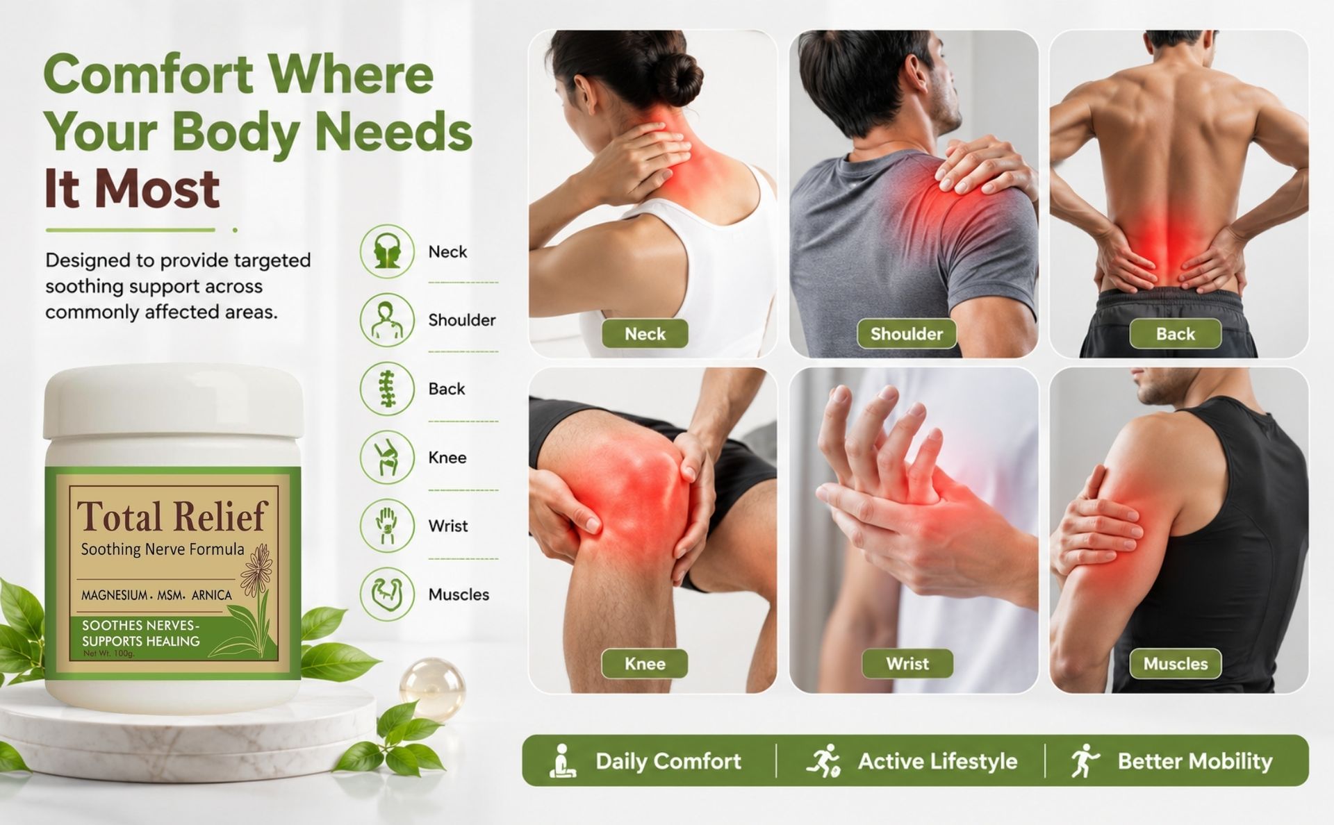 Mexmy Total Relief Magnesium Cream for Nerves – Fast-Absorbing MSM & Arnica Cream for Healthy, Comfortable Nerves and Daily Comfort ((Pack Of 1-100gm))