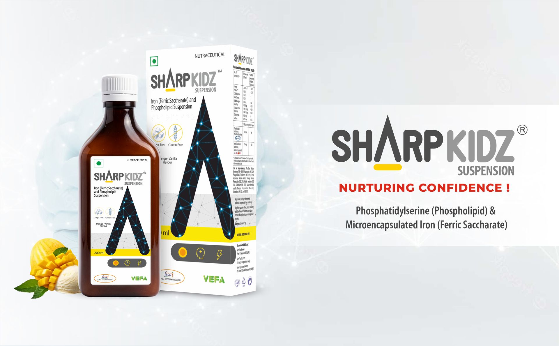 Brain Development & Focus Supplement for Kids | With Phosphatidylserine (PS) | Supports Memory & Attention | Liquid Suspension Formula - Mango-Vanilla Flavour
