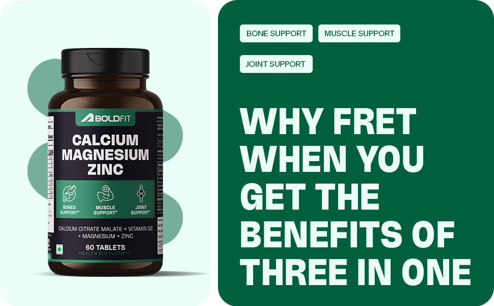 Boldfit Calcium Tablets 1000 mg with Magnesium & Zinc for Women and Men, Calcium Supplement for Bone & Joint Support, 120 Tablets