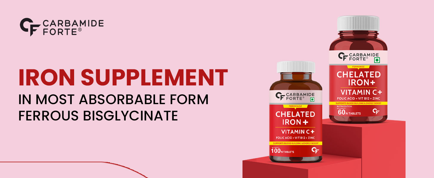 Carbamide Forte Chelated Iron Supplement for Women | Folic Acid Tablets for Pregnancy | 100 Veg Tablets for Hair Growth with Iron Bisglycinate