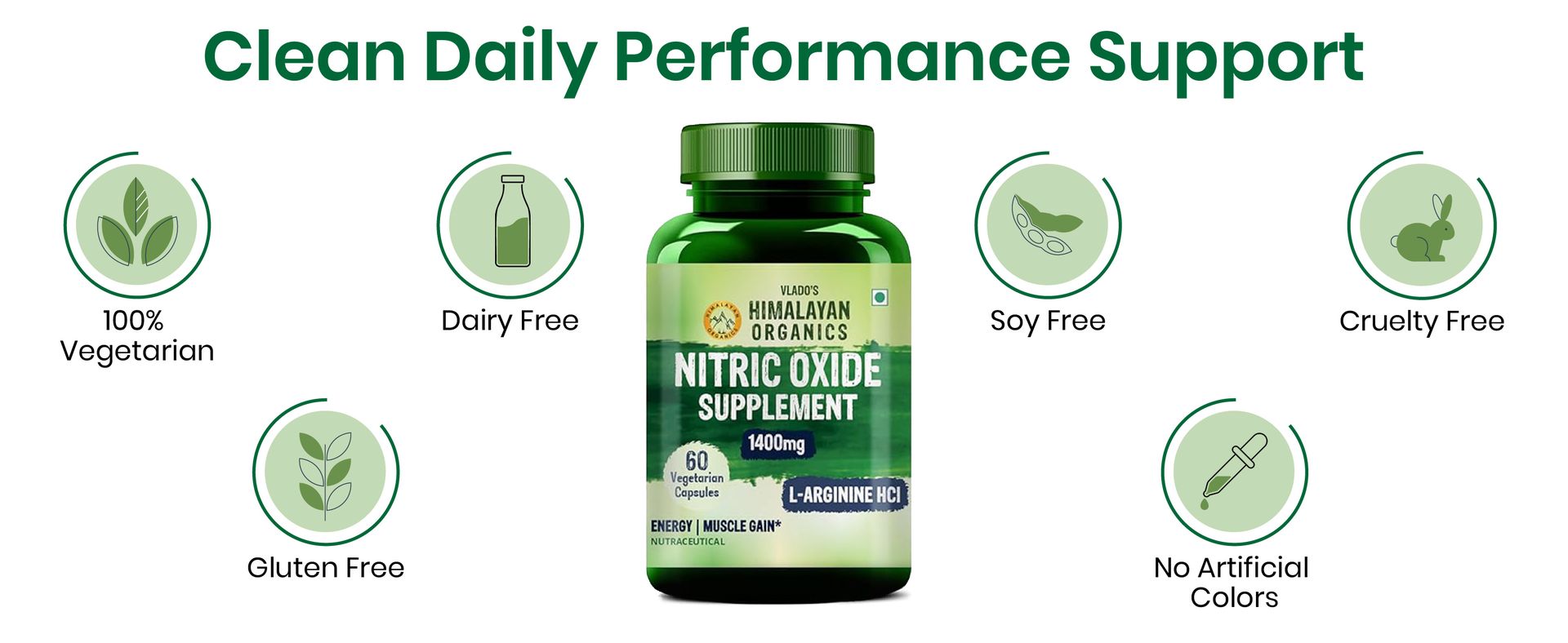 Vlado’s Himalayan Organics Nitric Oxide 1400mg With L-Arginine HCI Caffeine Supplement | Good For Muscle Growth, Stamina, Recovery, Immune Booster & Energy- 60 Veg Capsules