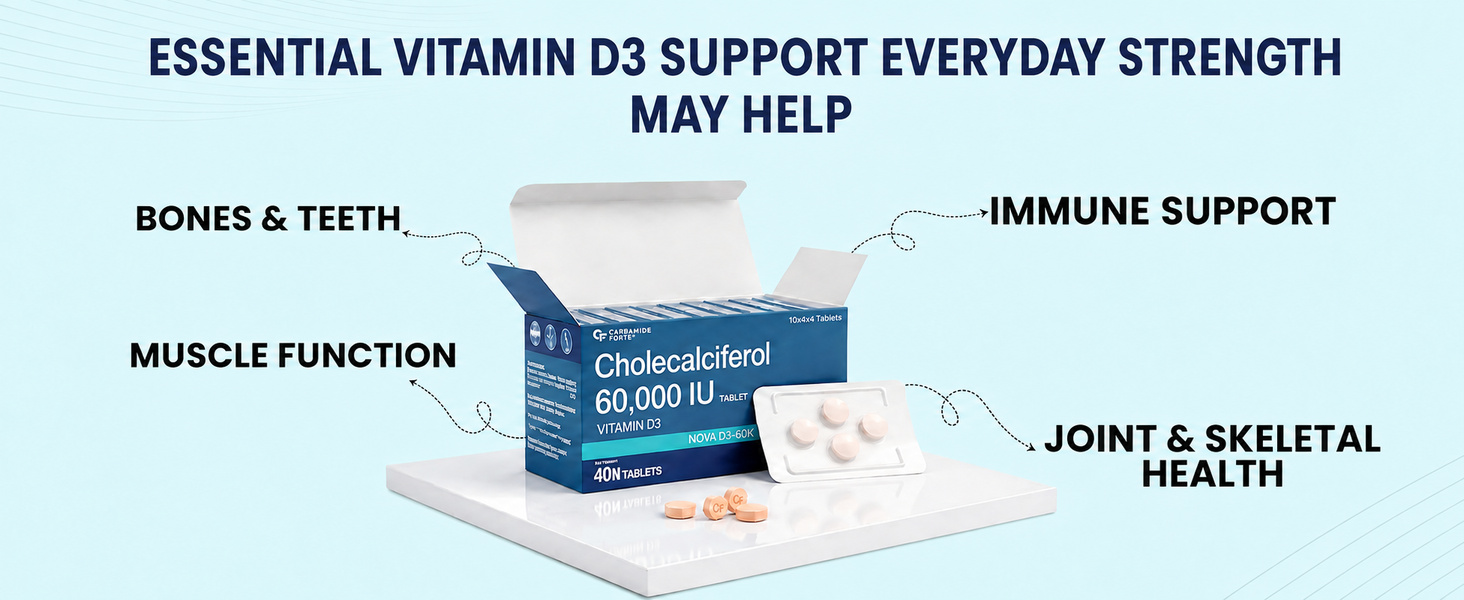 Carbamide Forte Vitamin D3 60000IU | Vitamin D3 Supplements for Women & Men - Cholecalciferol Tablets | Vitamin D Tablets For Bones & Immune Health | Orange Flavoured - 40 Tablets