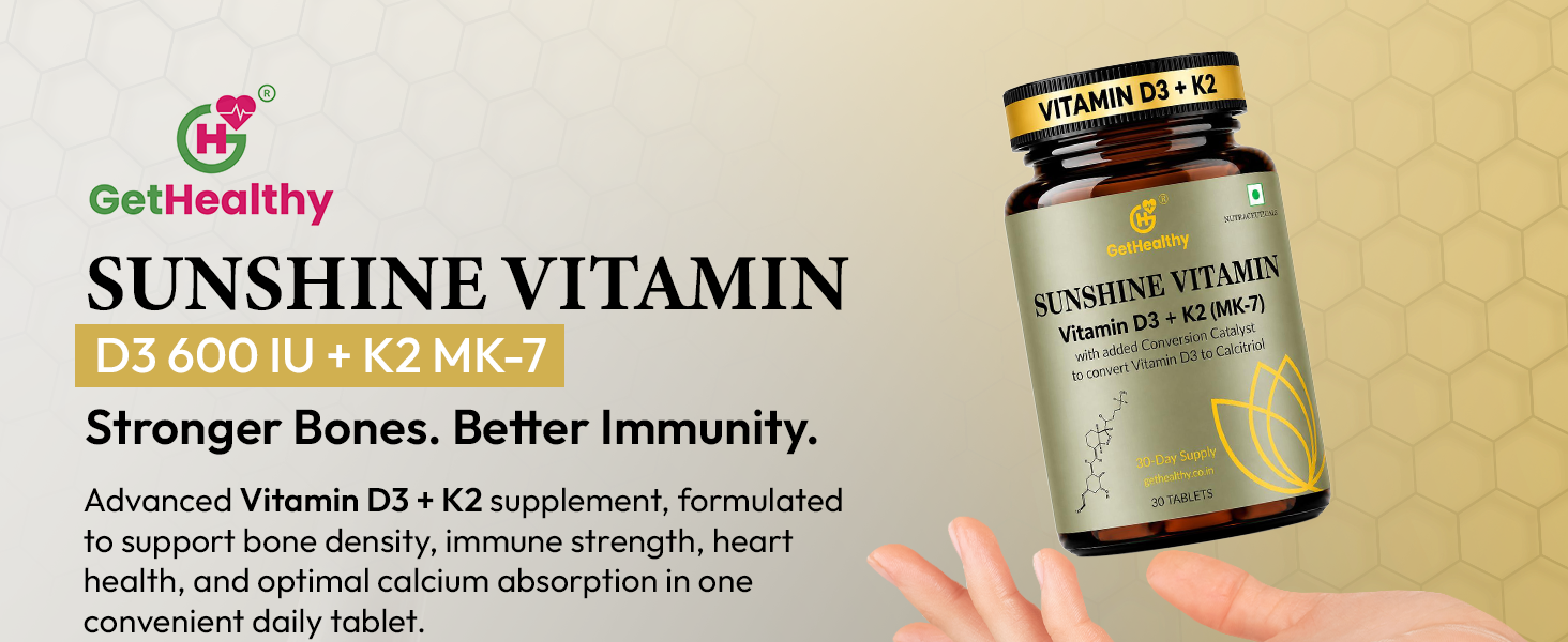 GetHealthy® Sunshine Vitamin™ Premium Vegan Vitamin D3 K2 MK7 Tablets | Lichen D3 600 IU + MK-7 55 mcg with Zinc, Curcumin, Piperine, Magnesium & MCT | Bone, Heart & Immune Support | Lab Tested | 30 Day Supply