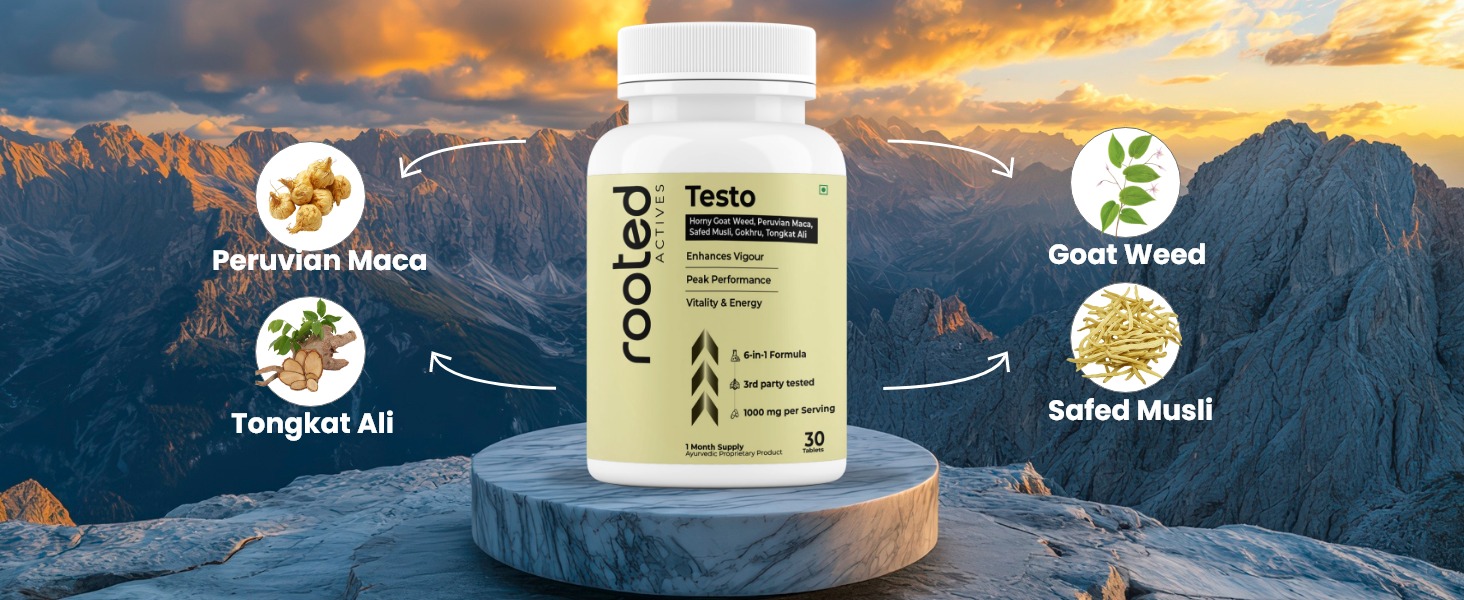 Rooted Actives Vitality Blend | Maca Root, Safed Musli, Horny Goat Weed for Energy, Stamina, Endurance & Performance | For Men & Women | High Potency | 30 Tablets
