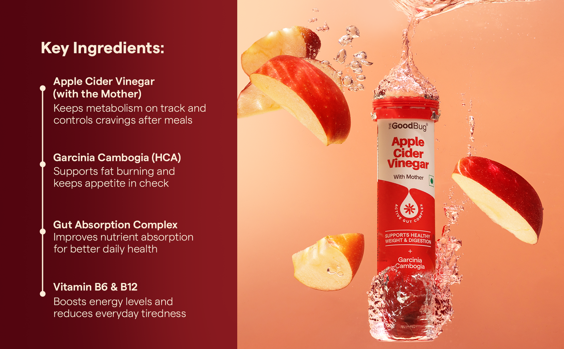 The Good Bug Apple Cider Vinegar Effervescent with Mother - 60 Tablets | Vit B6 & B12 | Buy2Get2FREE | Boosts Metabolism, Controls Cravings | 500mg ACV, 500mg Garcinia | No Added Sugar, No Maltodextrin