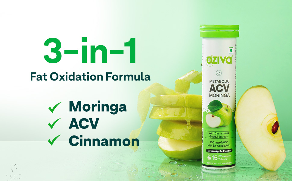 OZiva ACV Moringa,15 Effervescent Green Apple & Lemon Masala, Pack of 2