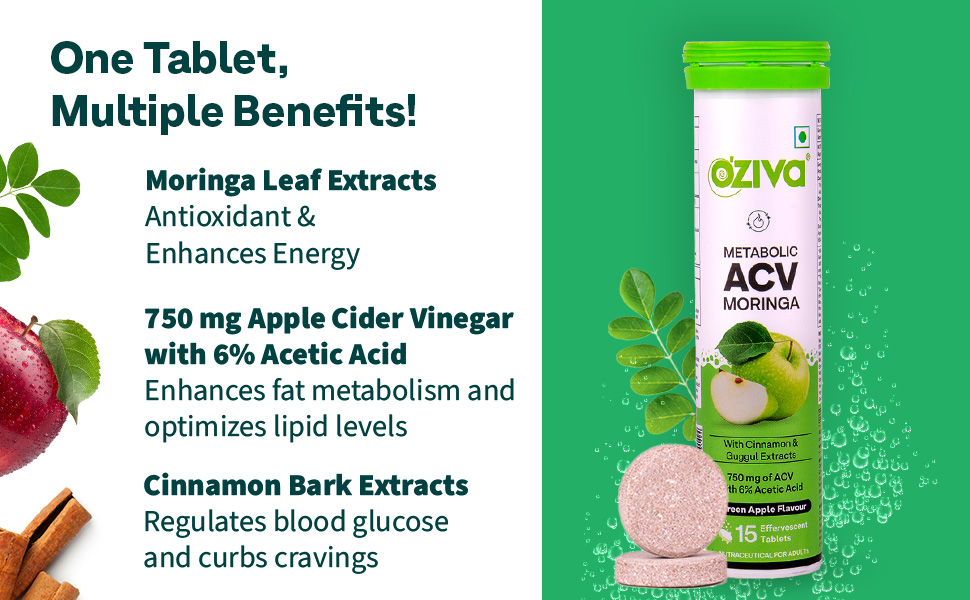 OZiva ACV Moringa,15 Effervescent Green Apple & Lemon Masala, Pack of 2