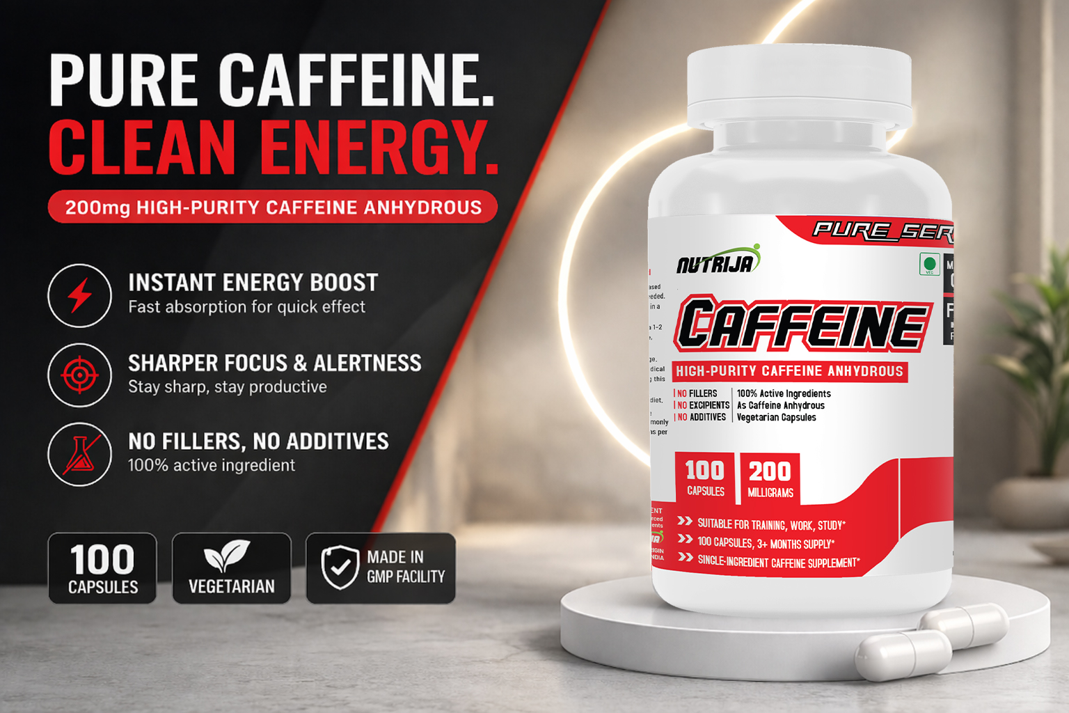 NutriJa Caffeine 200mg 100 Capsules | Caffeine Capsules for Pre-Workout and Daily Use | Sugar-Free, No Added Calories