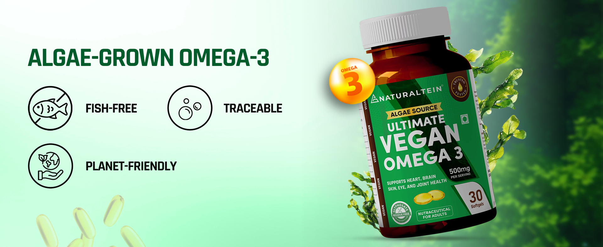 Naturaltein Ultimate Vegan Omega 3 (30 Softgels) | Algae Source DHA | 1000 mg Algae Oil & 500 mg DHA Per Serving | Plant-Based Omega 3 | Tested for Heavy Metals