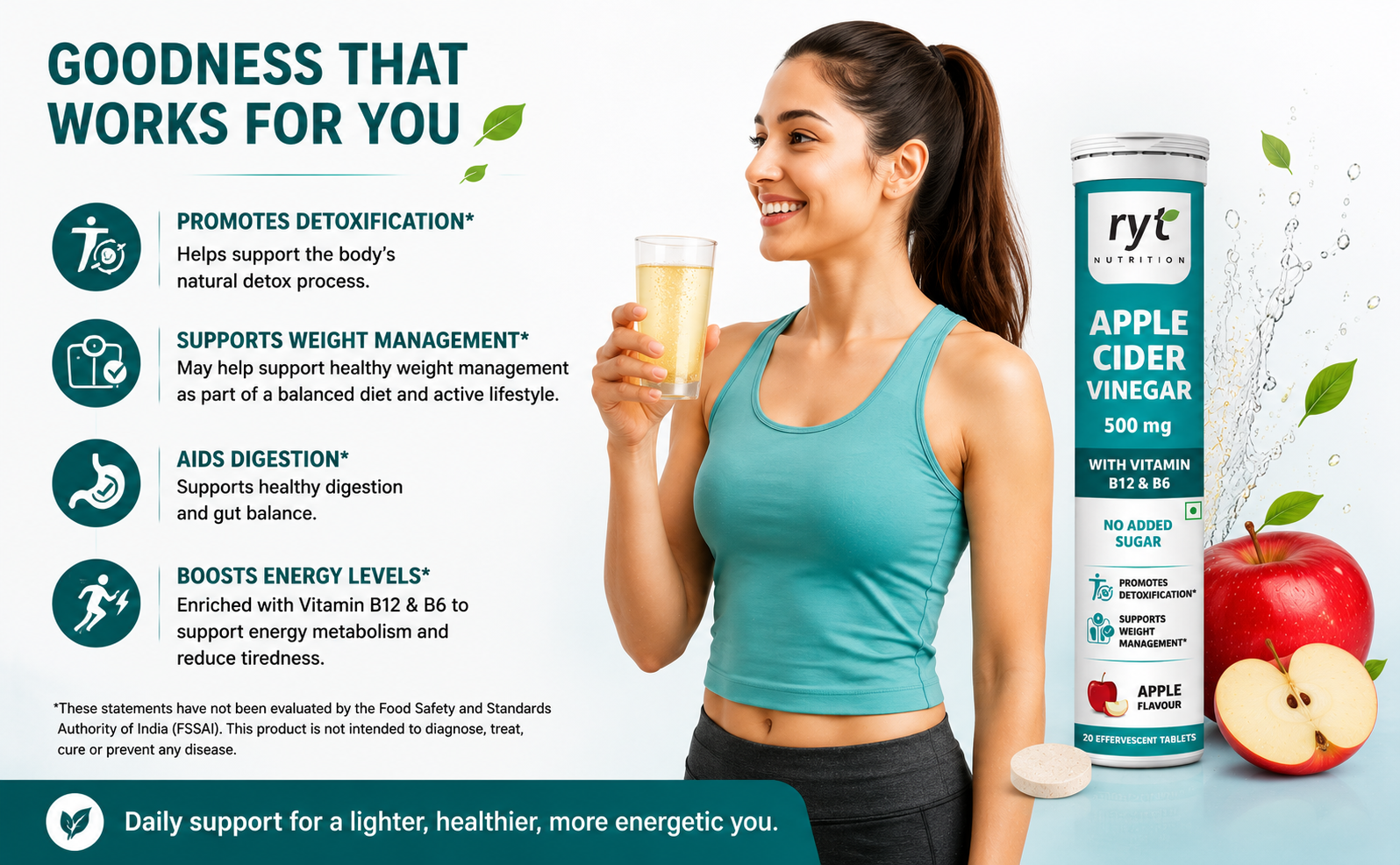 Apple Cider Vinegar Effervescent (500mg) - 20 Tablets (Apple Flavour), With Vitamin B12 & B6 | For Weight Management & Gut Health | No added Sugar | Easy to Carry & Consume