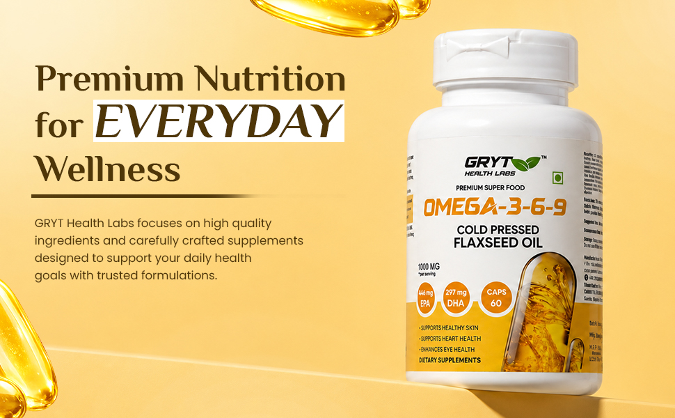Omega 3-6-9 Cold Pressed Flaxseed Oil Capsules 1000mg Per Serving | Plant-Based Omega Supplement | Supports Heart, Skin & Eye Health | Vegetarian Soft Capsules | 60 Capsules