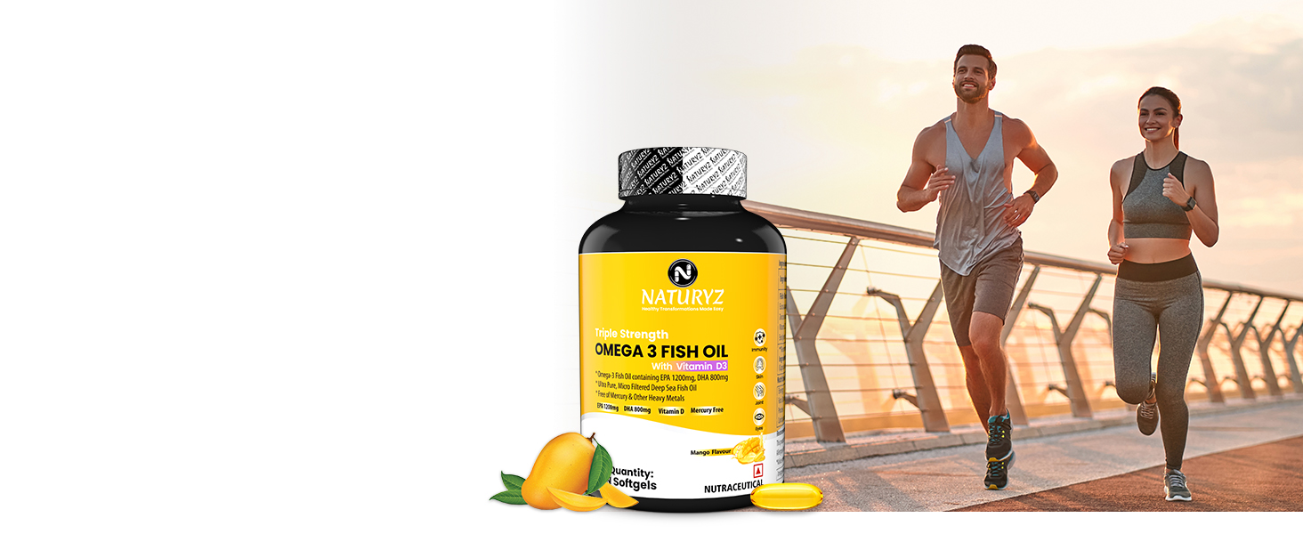 Naturyz Triple Strength Omega 3 Fish Oil with Highest Strength 2450 mg, 60 Capsules, Omega 3-6-9 Per Serving (EPA 1200mg DHA 800mg) Capsules For Men & Women