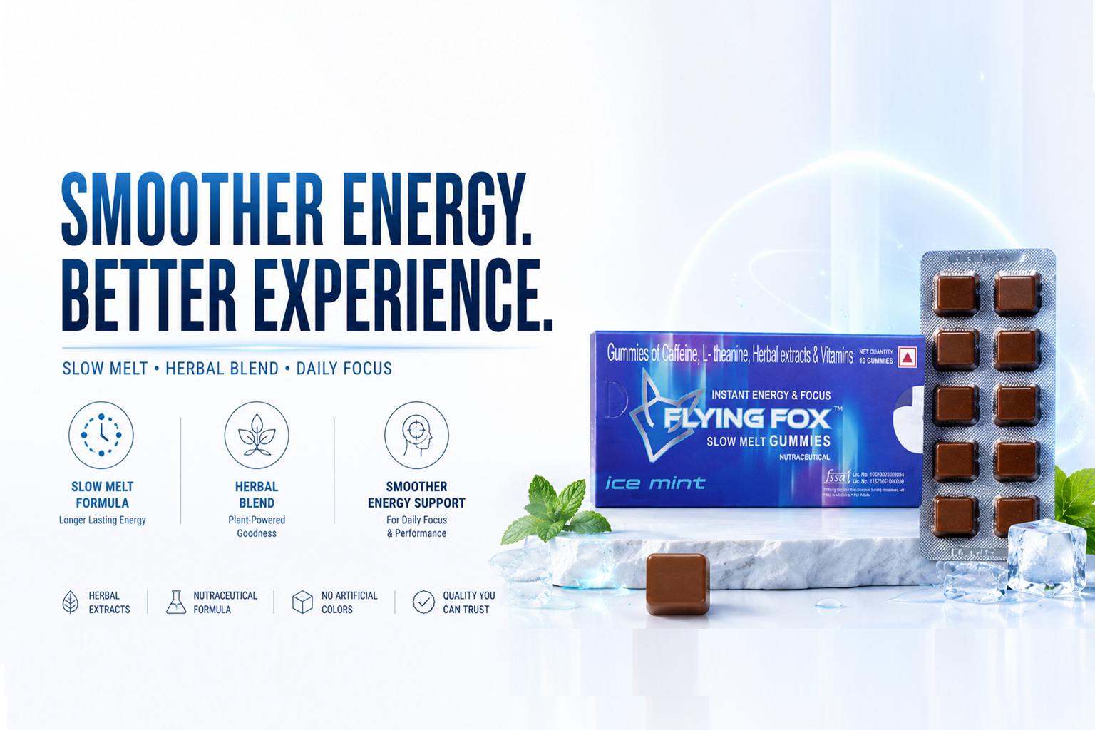 Flying Fox Slow Melt Energy Gummies | Quick Energy Boost & Enhanced Focus | Natural Caffeine+ L-Theanine, Ashwagandha, Amaranth, Galangal Vitamin B3,B6, B12 | Sugar Free| Ice Mint | 10 Gummies
