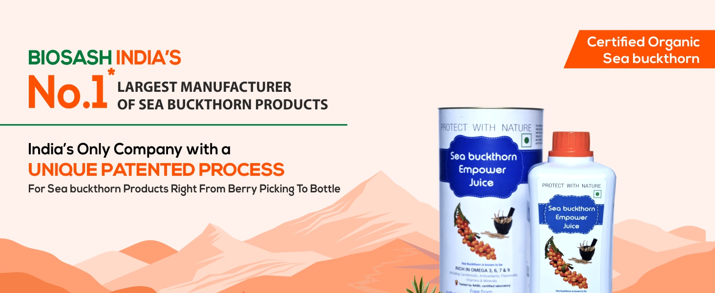 Biosash Sea Buckthorn Berry Empower Juice 750ml – Organic Juice with Seabuckthorn, Ashwagandha, Shatavari & Safed Musli | Rich in Omega 3 6 7 9 | Natural Drink for Energy Antioxidants & Vitality