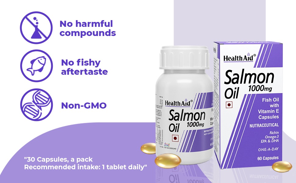 HealthAid Salmon Oil 1000mg – Omega-3 with EPA & DHA + Vitamin E | Supports Heart, Brain & Joint Health | 60 Capsules
