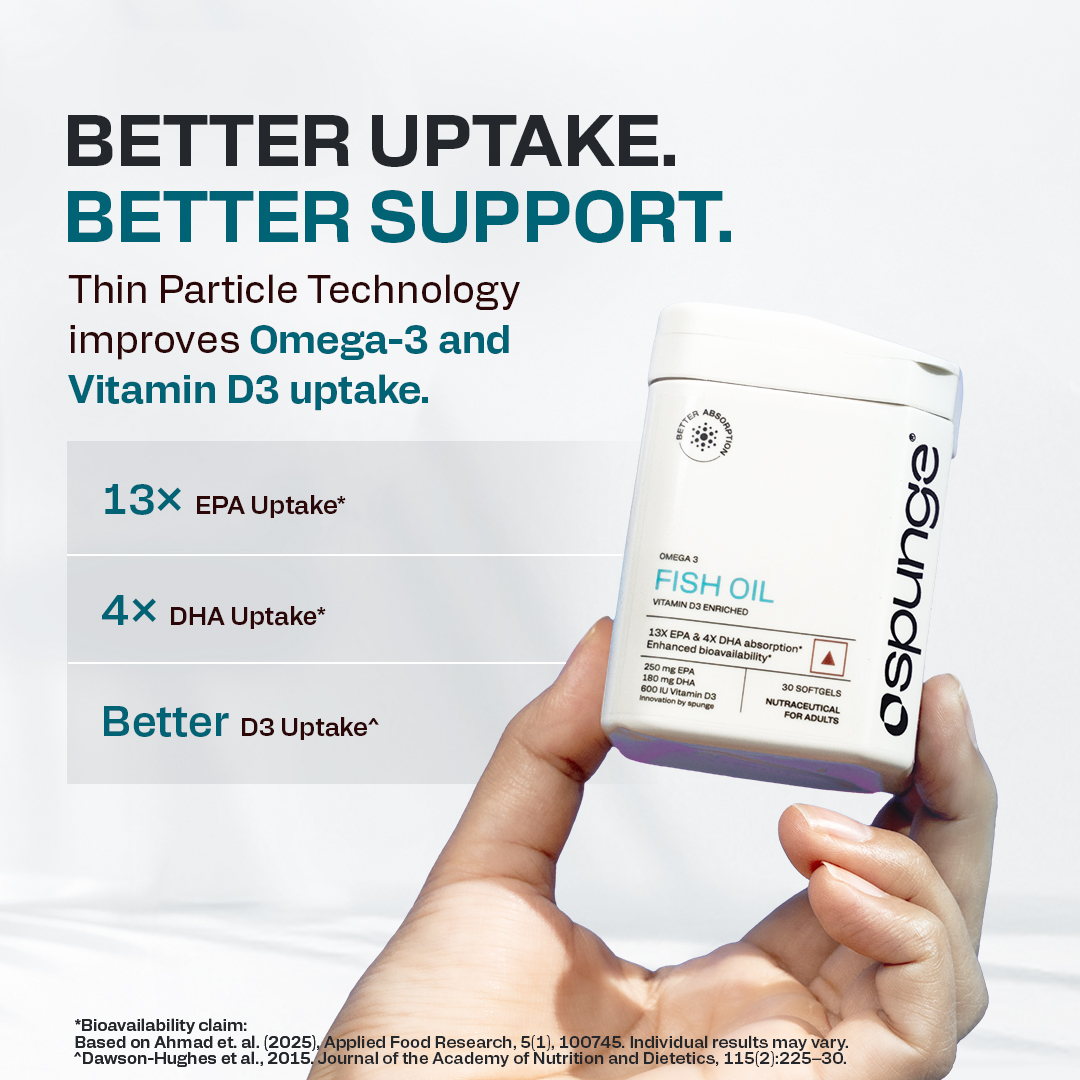 Spunge Omega 3 Fish Oil | Vitamin D3 Enriched | 30 Tablets | High Strength EPA & DHA with Vitamin D3 | 13X EPA & 4X DHA Absorption | Improved D3 Uptake | Supports Heart, Brain, Bone, Joint & Immune Health