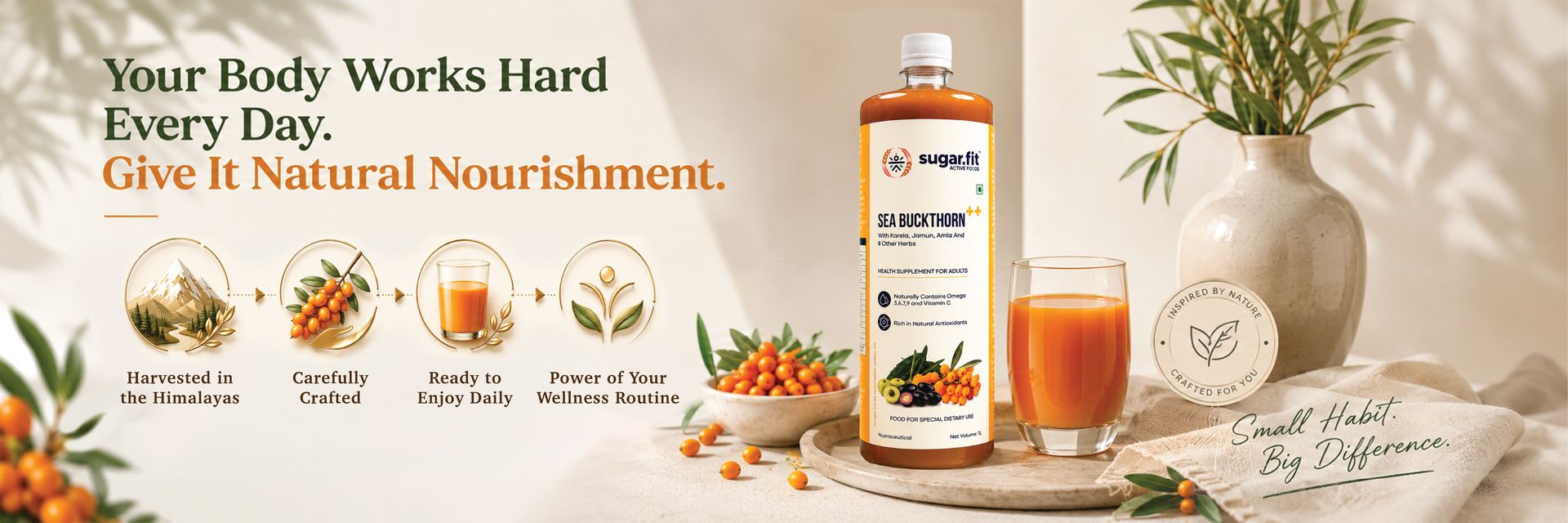 Sugar.fit Himalayan Sea Buckthorn Juice 1000ml | Cold Pressed Seabuckthorn Berry Pulp with 14 Herbs - Amla, Karela, Jamun | Natural Vitamin C, Omega 3 6 7 9 | Immunity, Skin Glow & Gut Health