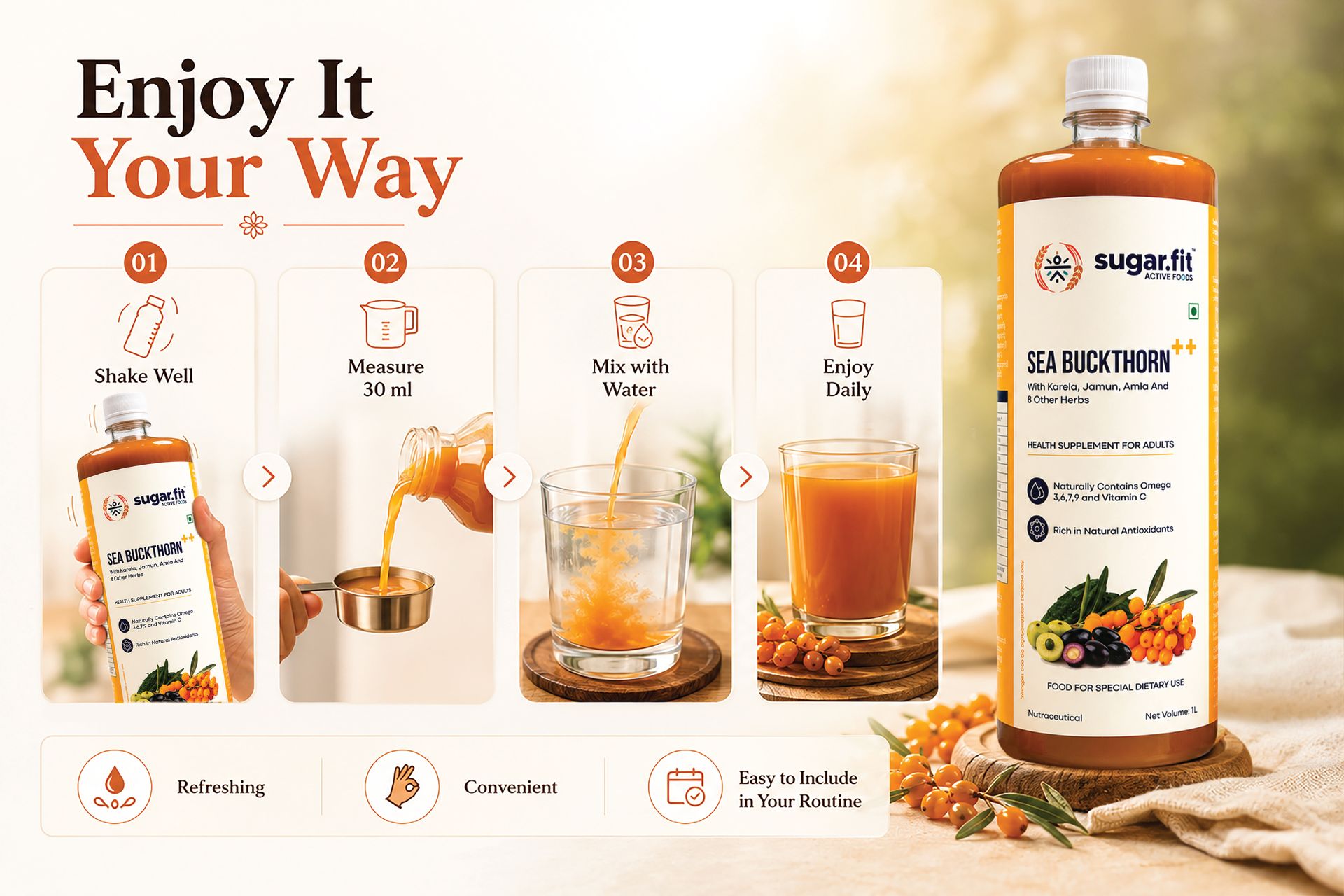 Sugar.fit Himalayan Sea Buckthorn Juice 1000ml | Cold Pressed Seabuckthorn Berry Pulp with 14 Herbs - Amla, Karela, Jamun | Natural Vitamin C, Omega 3 6 7 9 | Immunity, Skin Glow & Gut Health