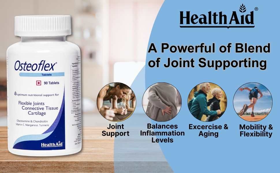 HealthAid Osteoflex with Hyaluronic Acid, Glucosamine & Chondroitin – 30 Tablets | With Vitamin C, Manganese & Curcumin | Joint Care Supplement for Cartilage, Connective Tissue & Flexibility